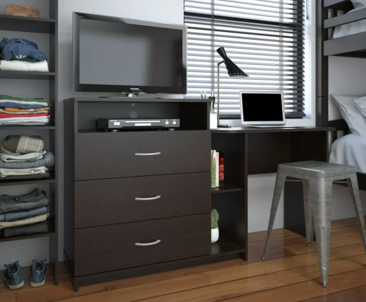 dark brown 3-in-1 TV stand, dresser, and desk in room
