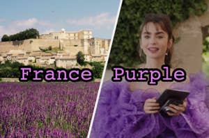 Lavender fields in France and Emily in Paris in a purple drss.