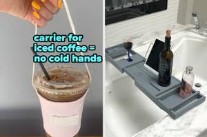 A reviewer carrying an iced coffee with a coffee carrier and another reviewer's photo of a bathtub tray