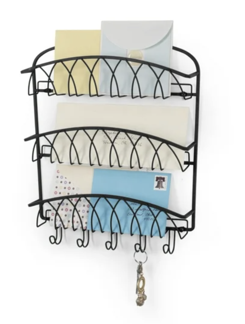 wall-mounted 3-tier mail and paper organizer with hooks for keys