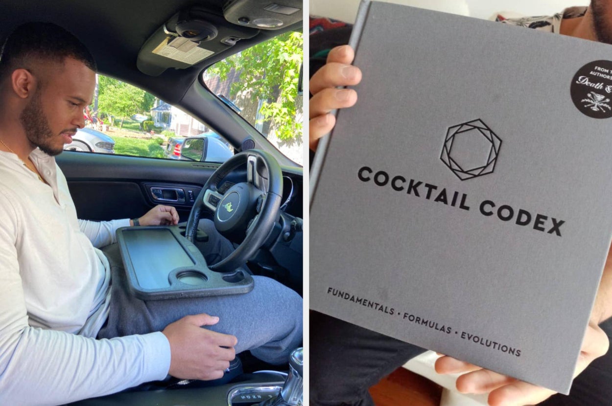 steering wheel tray and cocktail book 