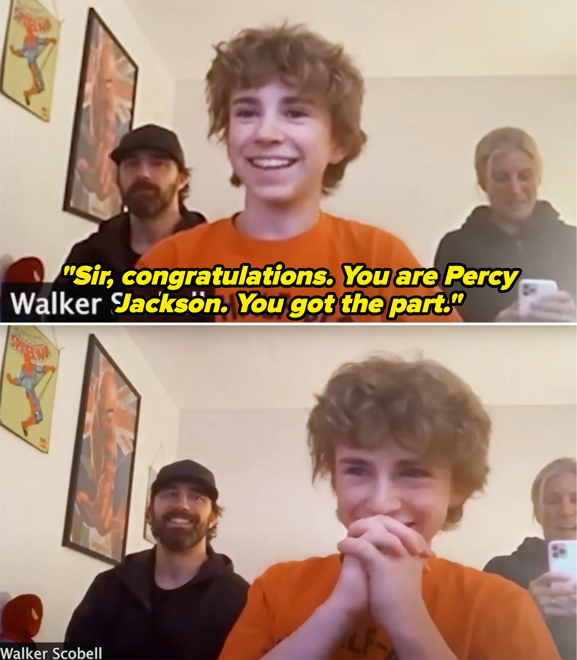 Closeup of Walker Scobell being told he got the role of Percy Jackson