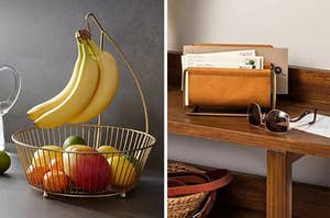 on left: bananas and other fruit in fruit bowl. on right: brown mail organizer on table