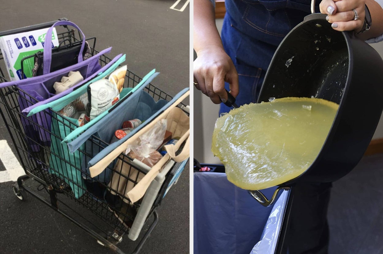 grocery cart organizers and a powder that solidifies cooking oil