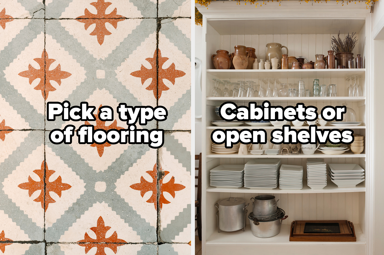 Orange and teal tiles and open shelves with dishes stacked on them.