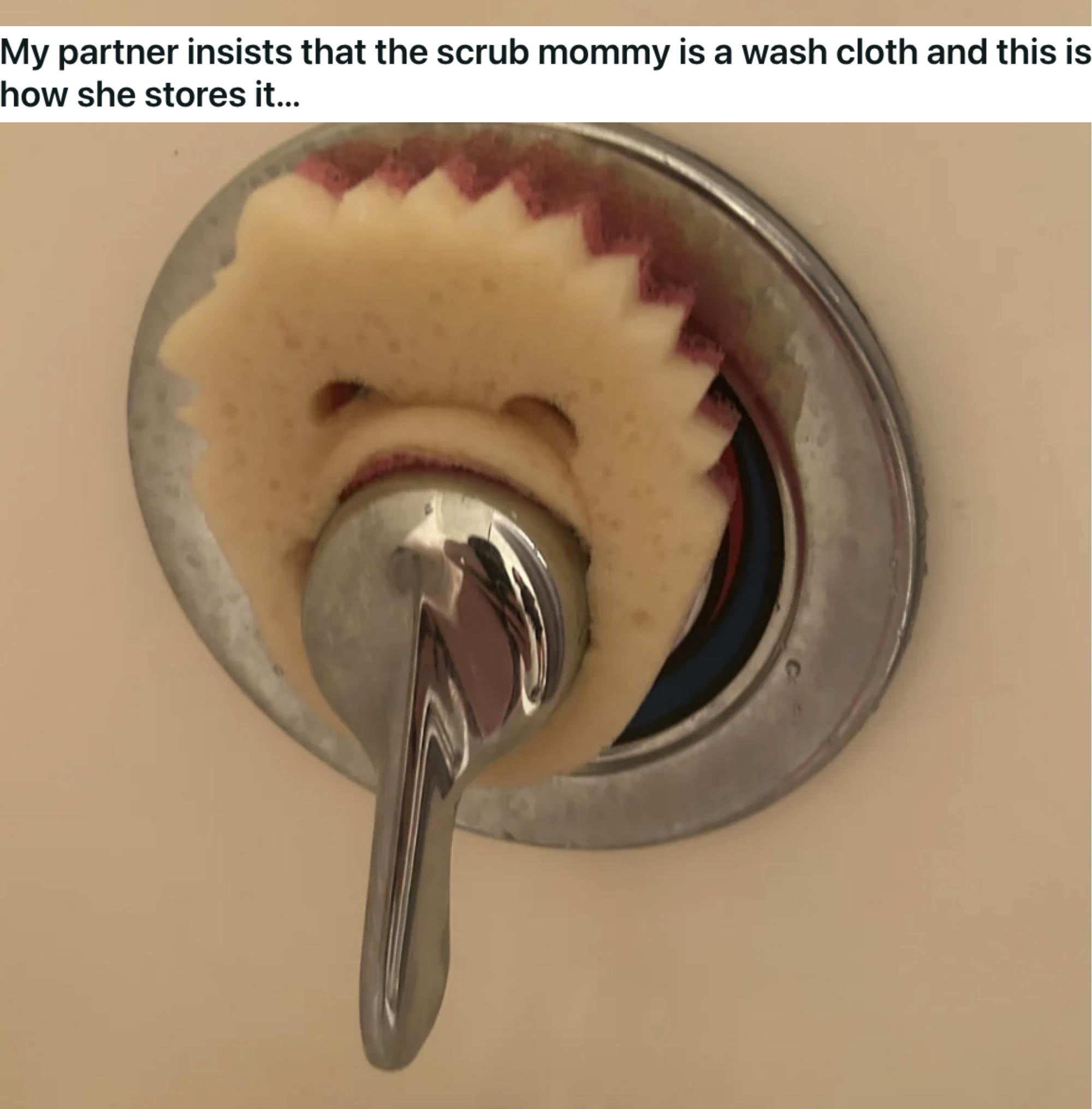 a sponge stuck in a shower handle