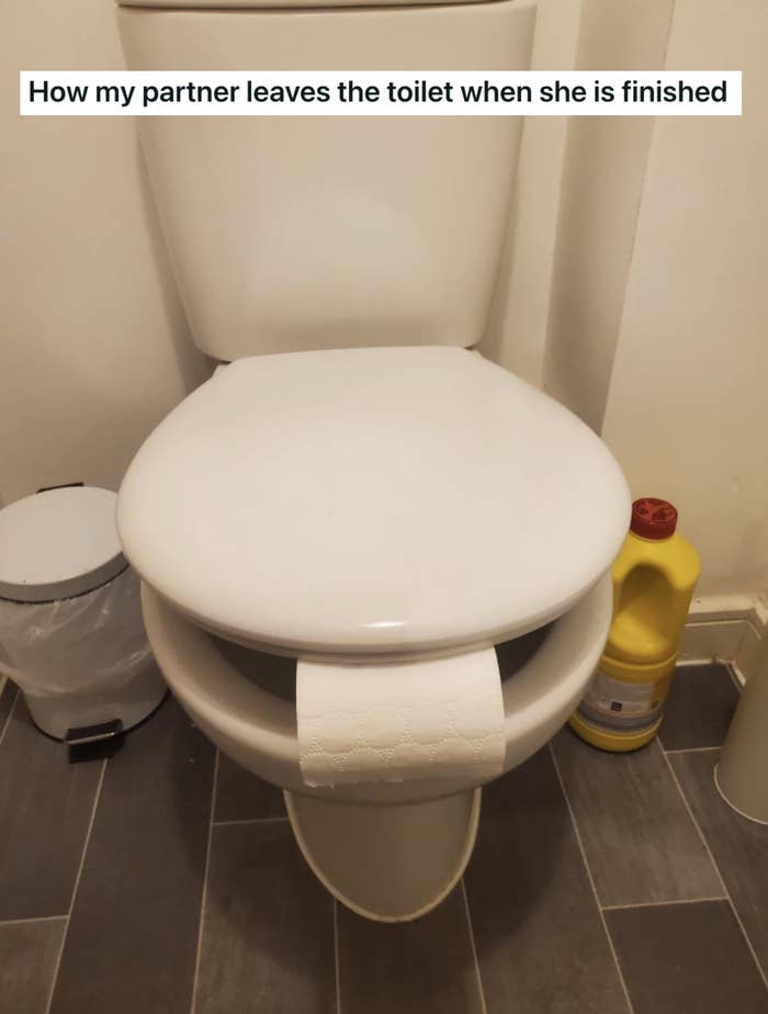 a toilet paper roll propping up a toilet seat
