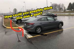 car parked in driving lane captioned "How could you possibly think this was a spot?"