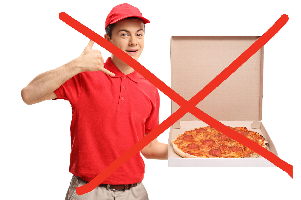 A pizza delivery man with a red X through him