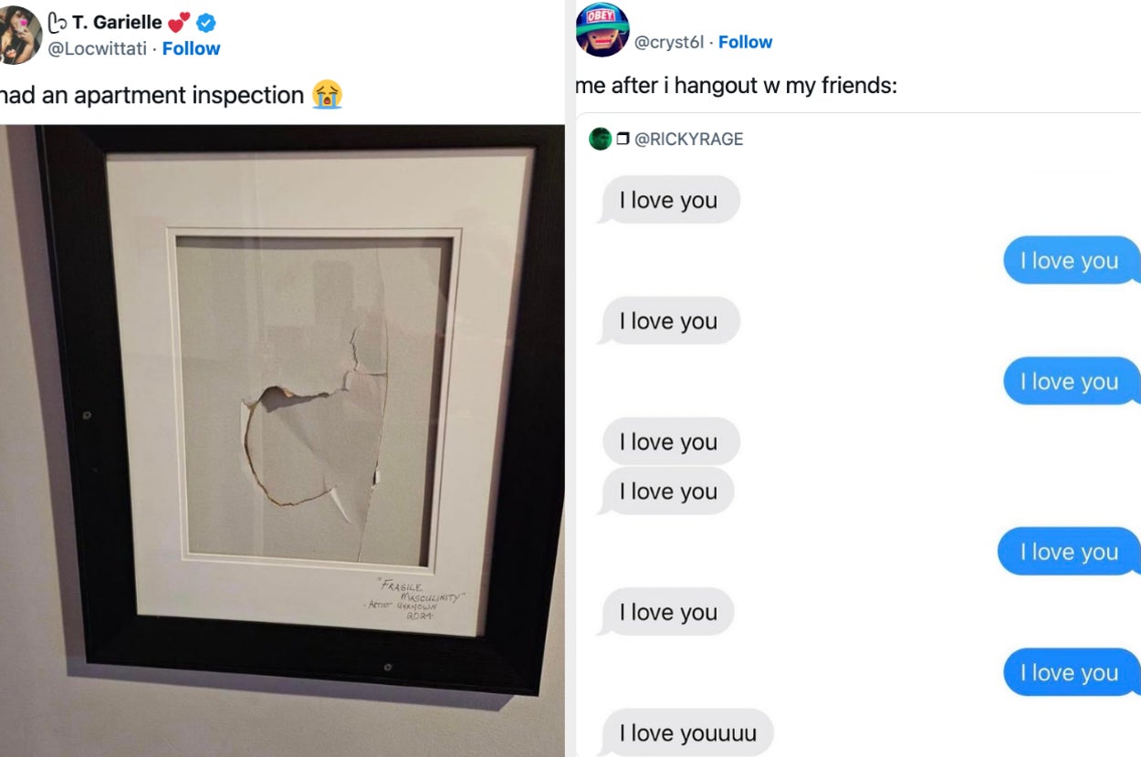 A picture frame hangs over wall damage vs a screenshot of two people repeatedly saying they love each other