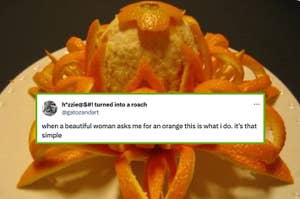 an elaborately peeled orange with a tweet about peeling it for a beautiful woman