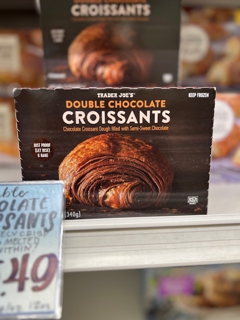 Packages of Trader Joe&#x27;s Double Chocolate Croissants on the shelf