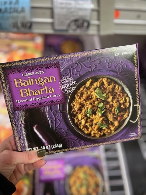A box of Trader Joe&#x27;s Baingan Bharta Roasted Eggplant Curry