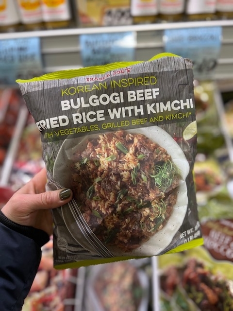 A bag of Trader Joe&#x27;s Korean Inspired Bulgogi Beef Fried Rice With Kimchi