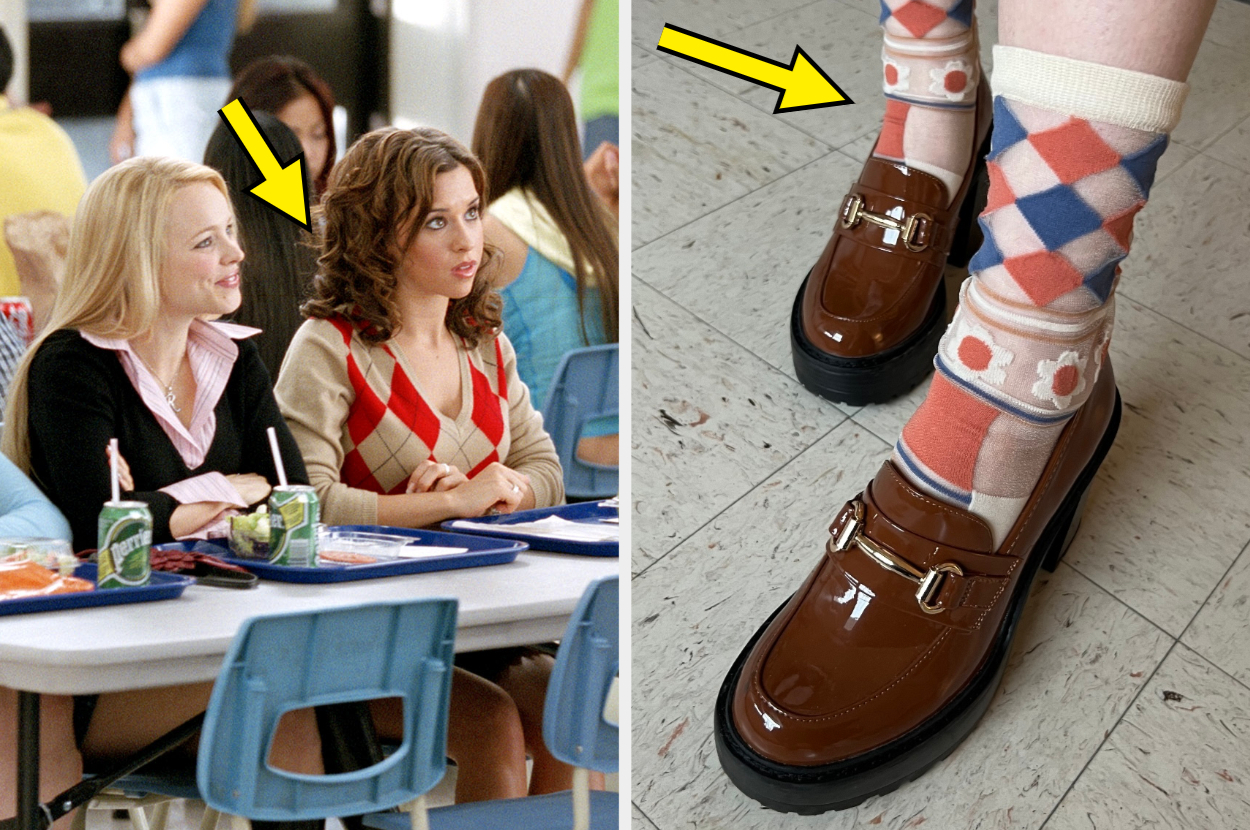a side by side of the 2004 mean girls and socks and a shoe