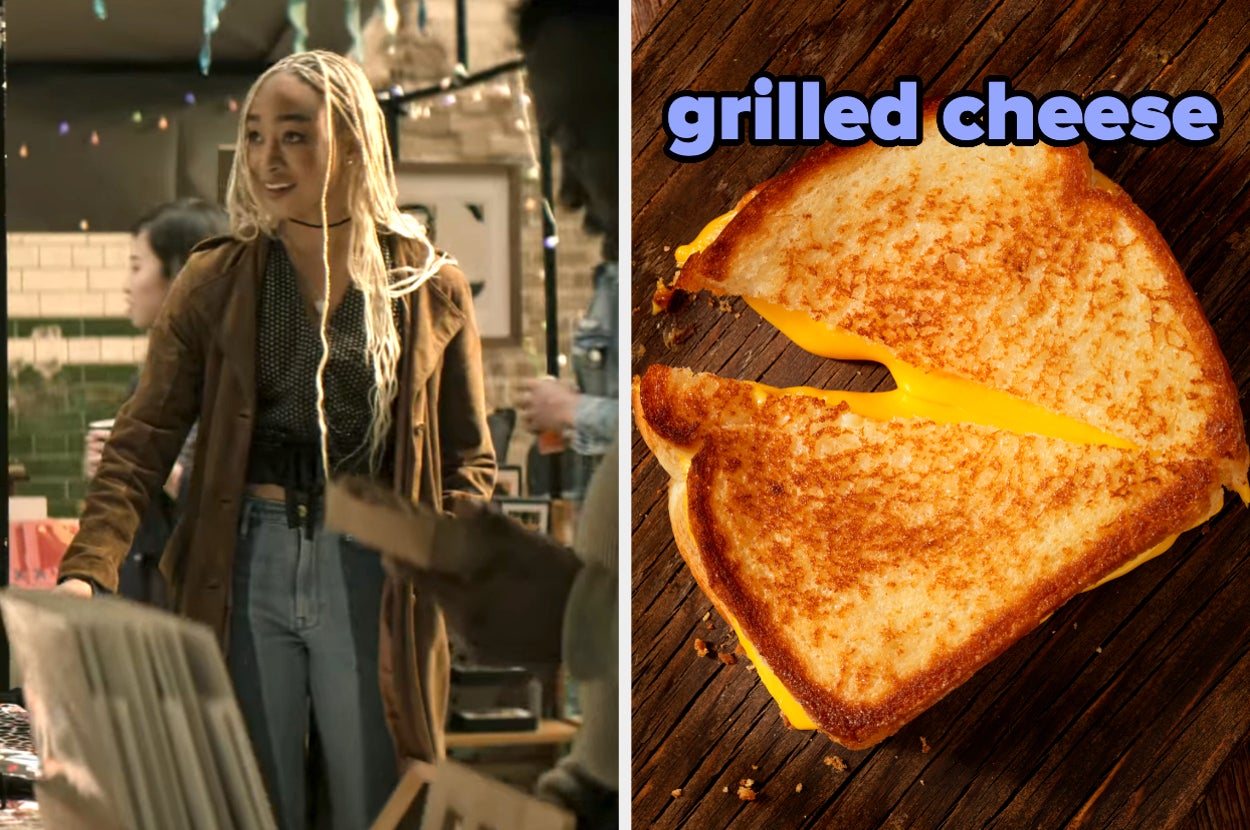 On the left, Tati Gabrielle wandering around London as Marienne on You, and on the right, a grilled cheese