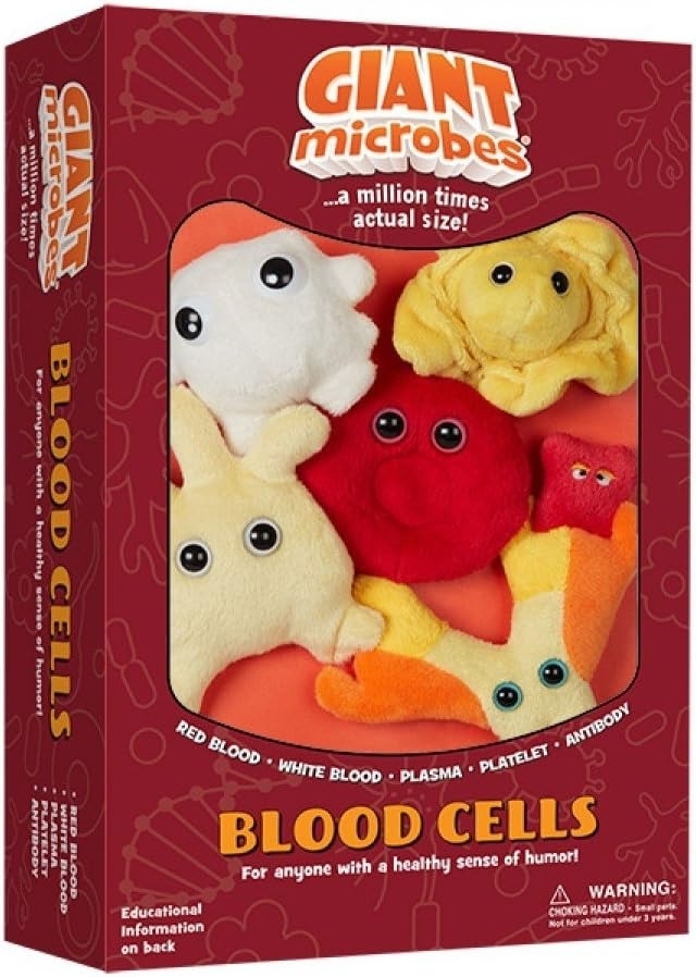 the box of keychains with plush versions of blood cells