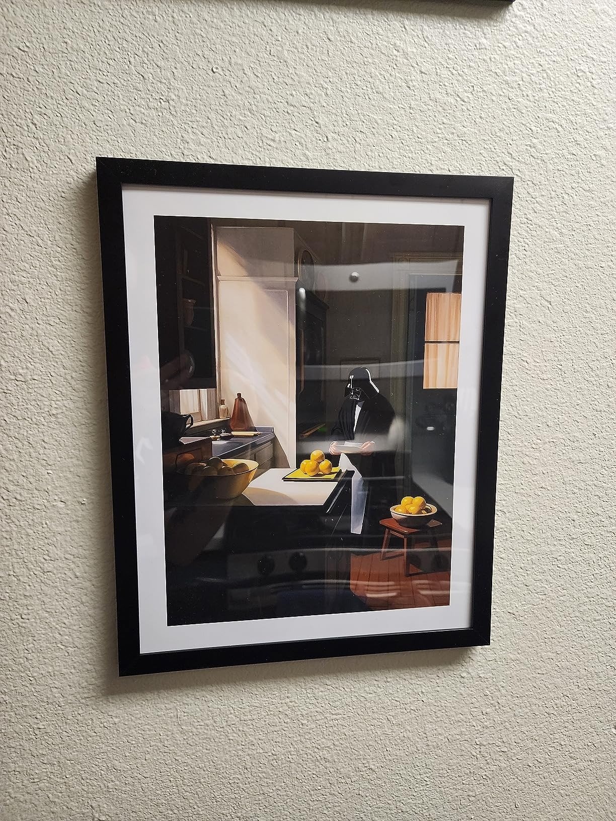 Darth Vader art print with Darth Vader in a kitchen on a wall