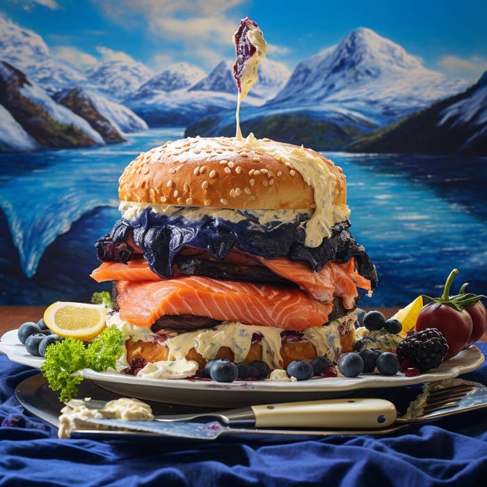 salmon burger with sauce and fruit on the side