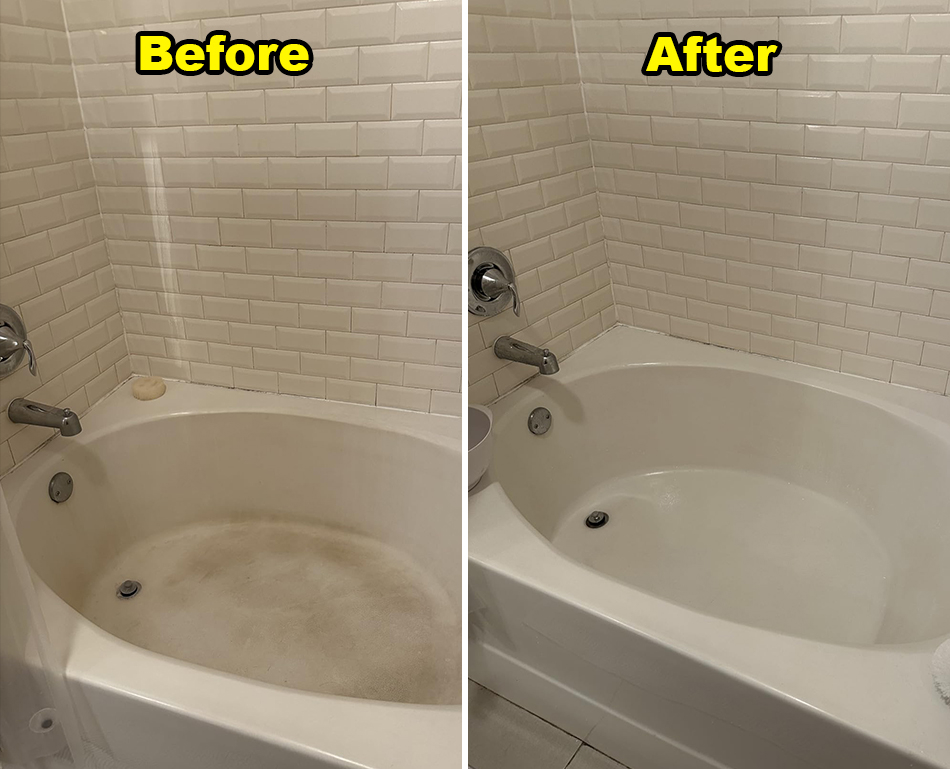 A &quot;before&quot; and &quot;after&quot; of a dirty vs. clean tub after using the shower scrubber