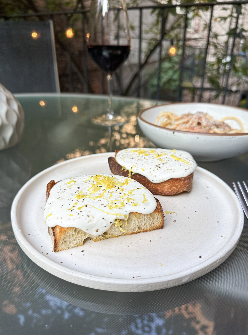Whipped ricotta toast on a plate