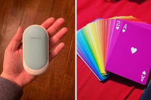 on the left reviewer holding blue hand warmer, on the right rainbow playing cards