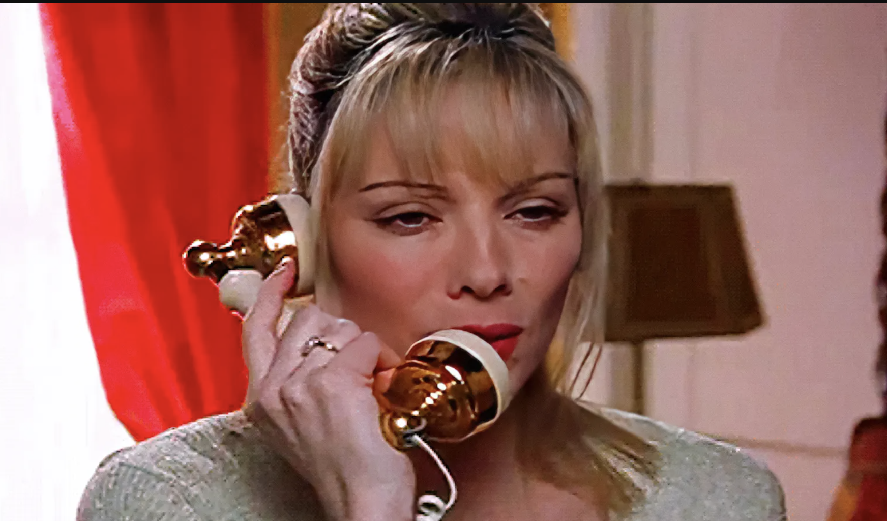 Samantha from &quot;Sex and The City&quot; talking on an old-fashioned corded phone