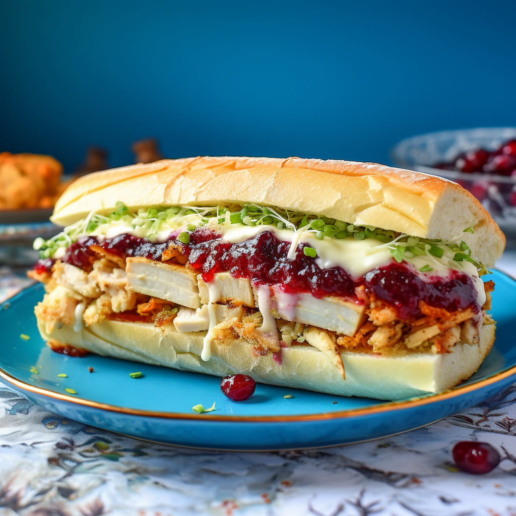 large roll with meat, cranberry sauce, and cheese