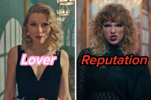On the left, Taylor Swift in the Me music video labeled Lover, and on the right, Taylor Swift in the Look What You Made Me Do music video labeled Reputation