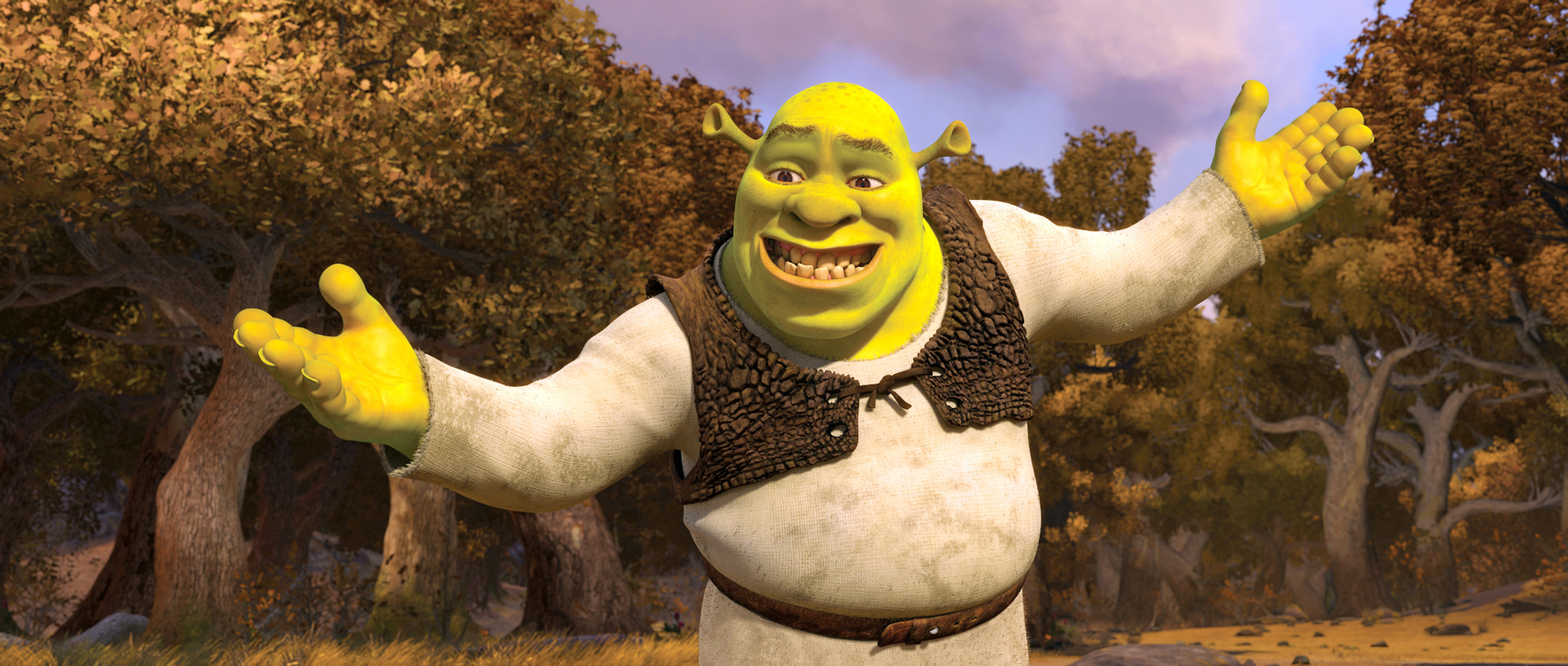 Green ogre Shrek has his arms outstretched. He&#x27;s in a white shirt and leather vest.