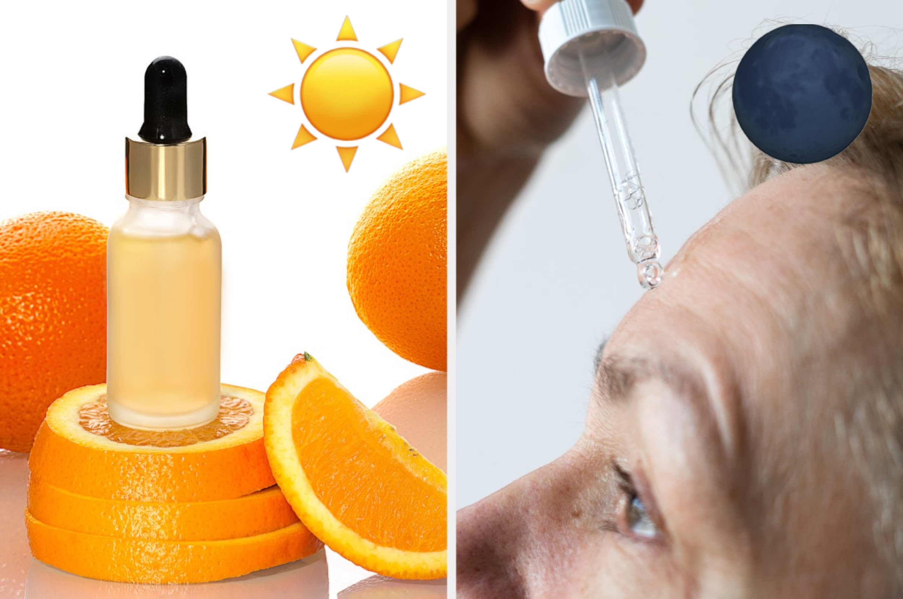 Side-by-side of a vitamin C products and a person using an eyedropper to apply serum to their skin