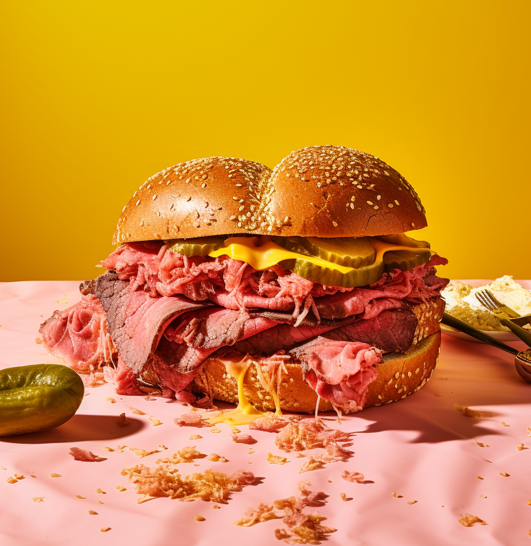 roast beef and pickles on a sesame bun