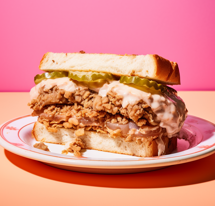 fried chicken and gravy with pickles on toasted bread