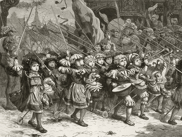 drawing of and army of children wearing armor and holding swords