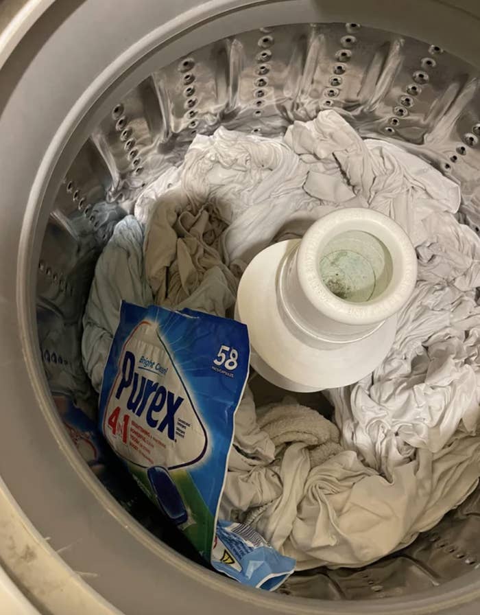 a bag of cleaning pods in the laundry