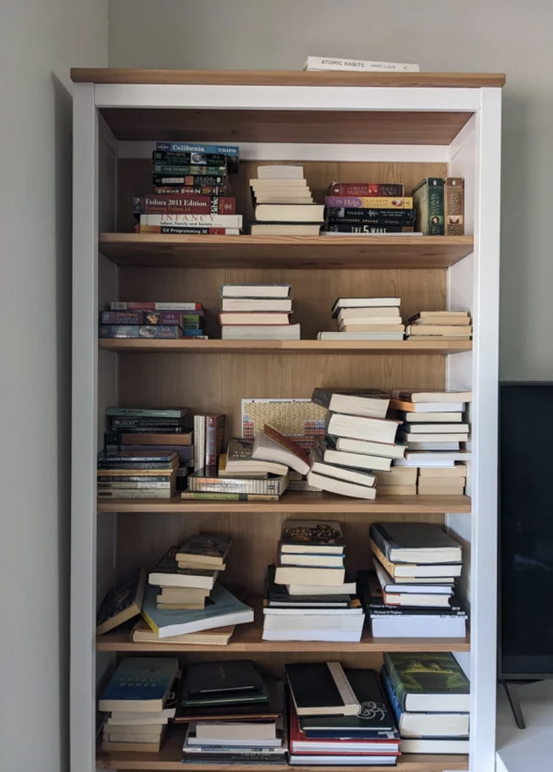 Books stacked on a bookshelf