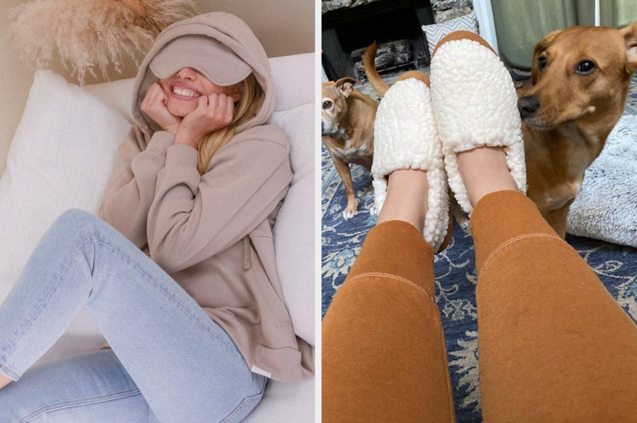 Model wearing a tan sweater with the eye mask down and a reviewer wearing the white slippers with their two dogs at their feet