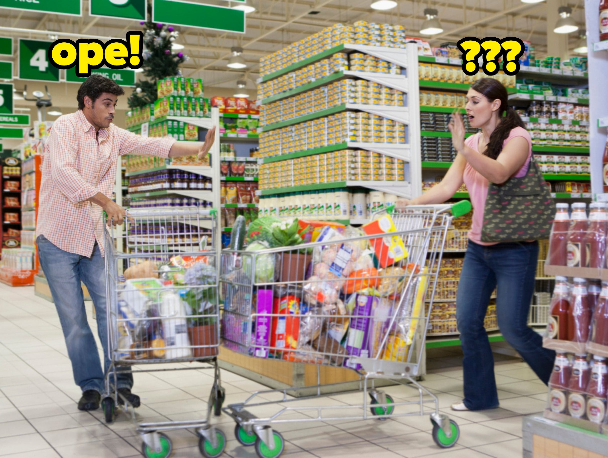 people bumping their shopping carts into each other and a person saying, ope