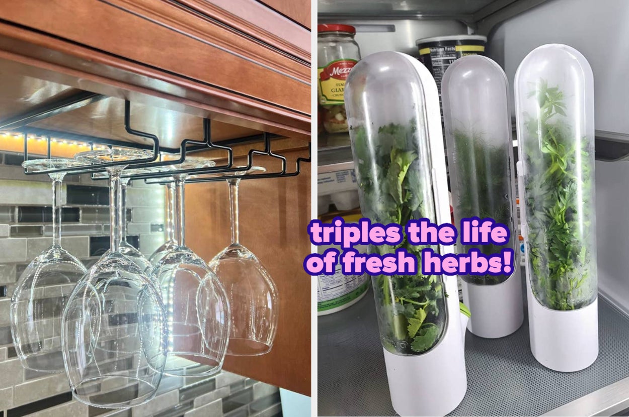 reviewer's black stemware holder storing wineglasses under cabinet / reviewer's pods in fridge filled with fesh herbs