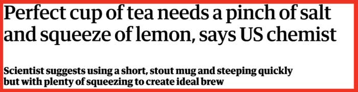 Screenshot of a headline saying &quot;Perfect cup of tea needs a pinch of salt and squeeze of lemon, says US chemist&quot;