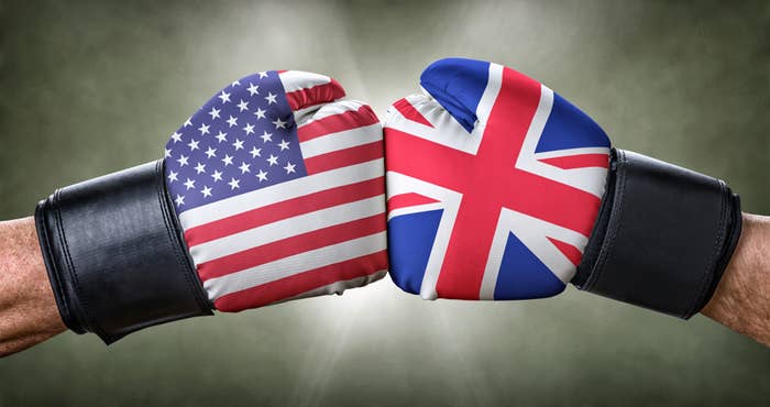 Two arms wearing boxing gloves, one of the US flag and one of the Union Jack