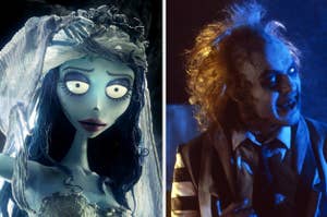 emily from corpse bride on the left and beetlejuice on the right