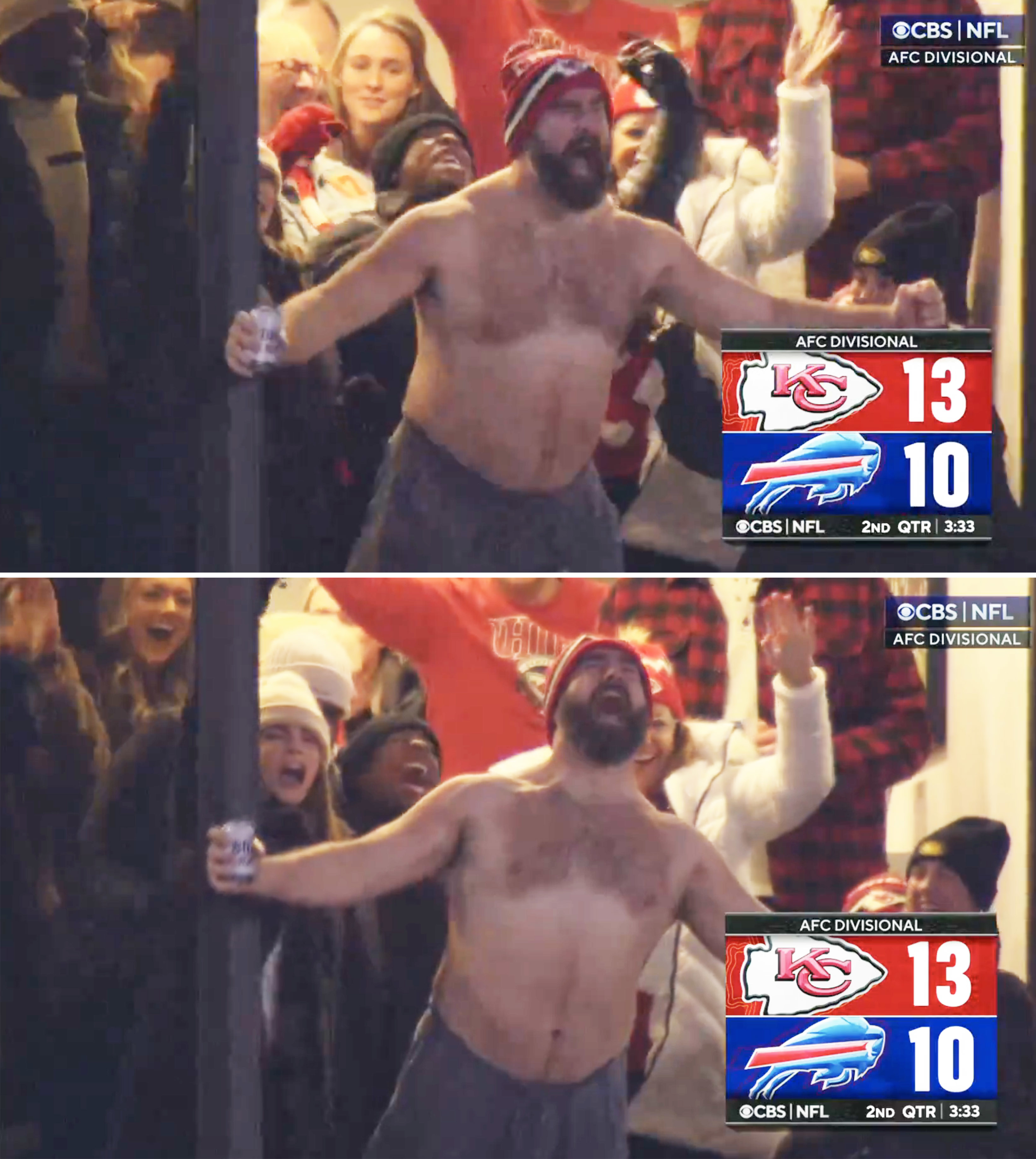 jason cheering with his shirt off and holding a beer