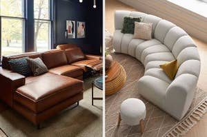 brown leather sectional, round sectional