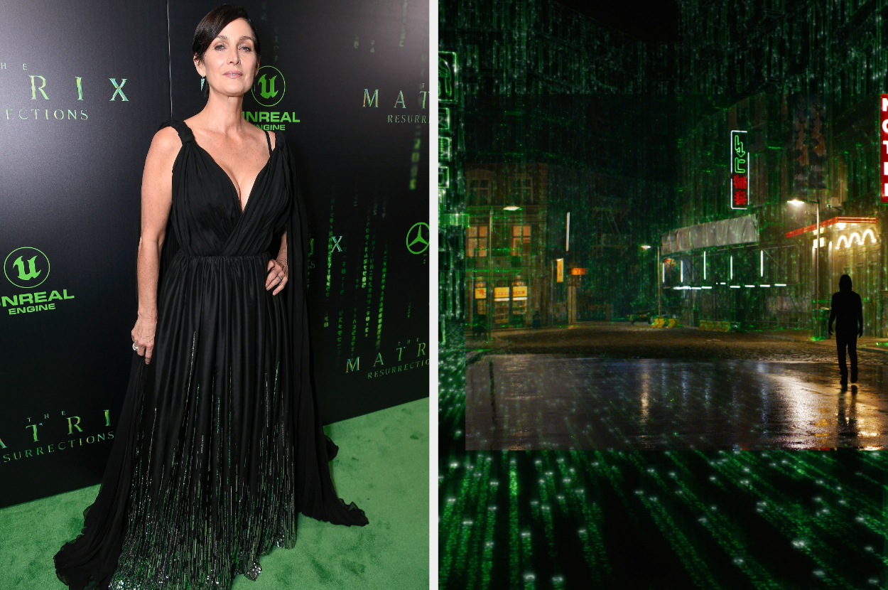 Side-by-side of Carrie-Anne Moss and a screenshot from "The Matrix Resurrections"