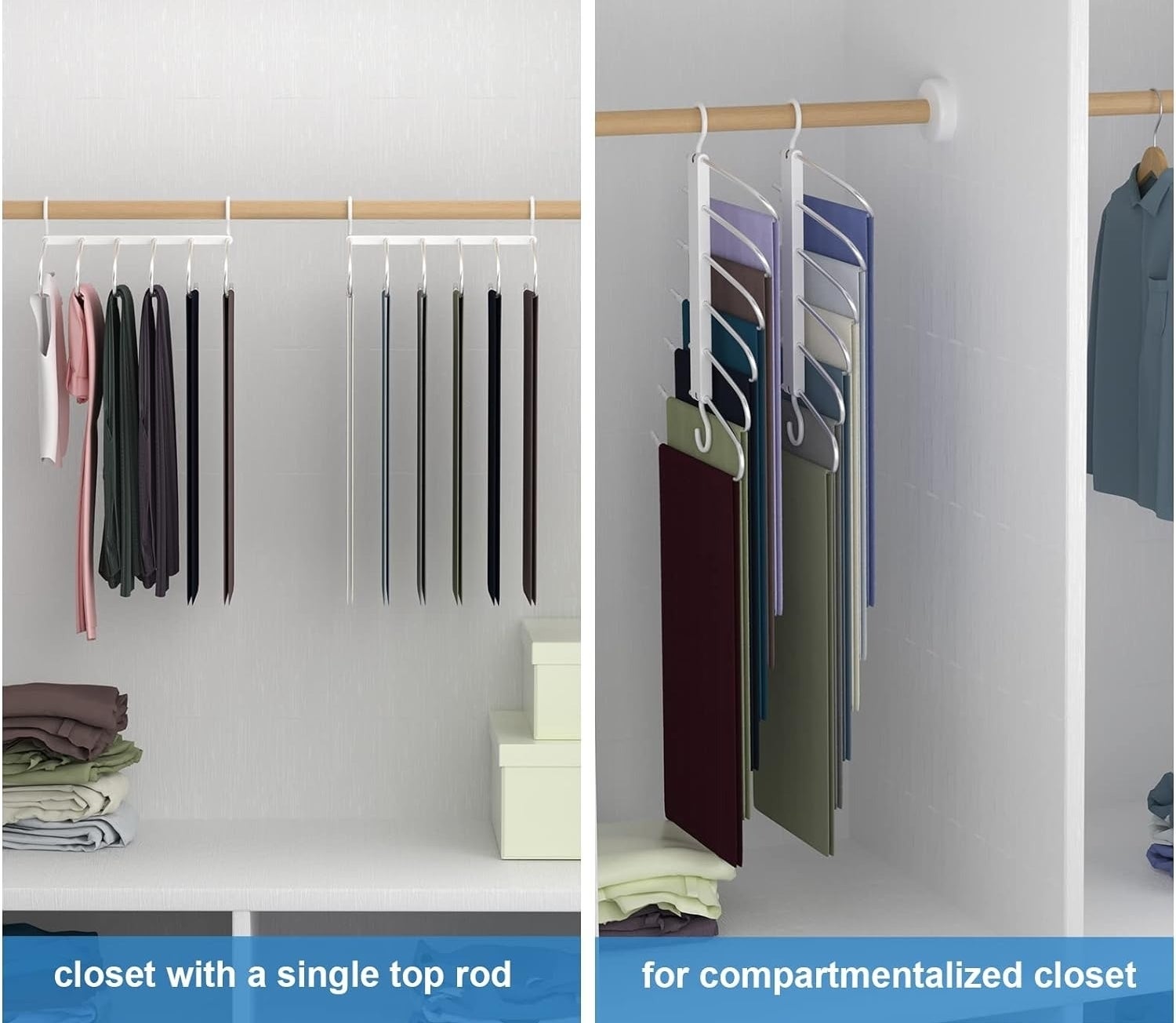the hangers in two configurations; a closet with a single top rod and for a compartmentalized closet