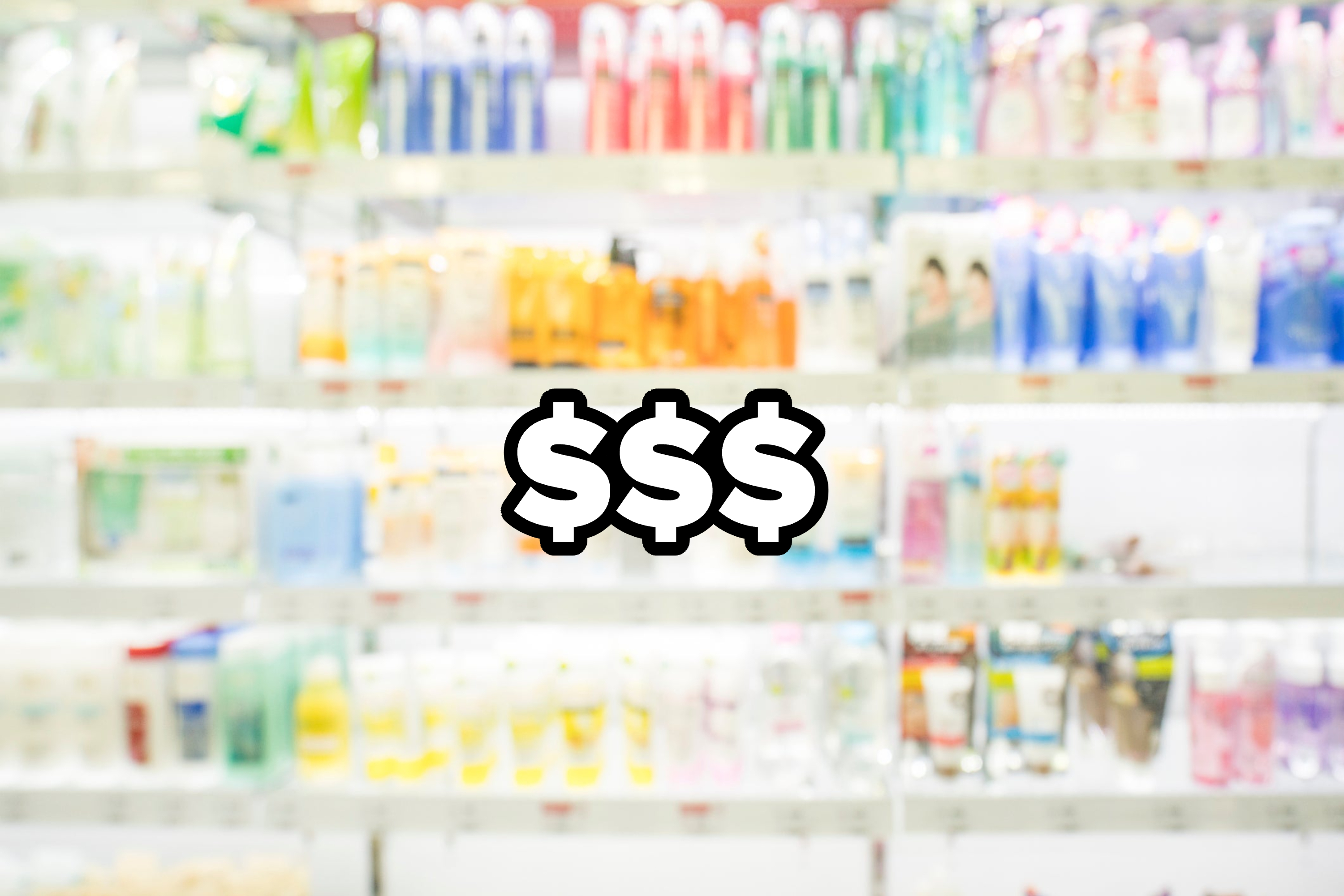&quot;$$$&quot; over an image of skincare products on a shelf