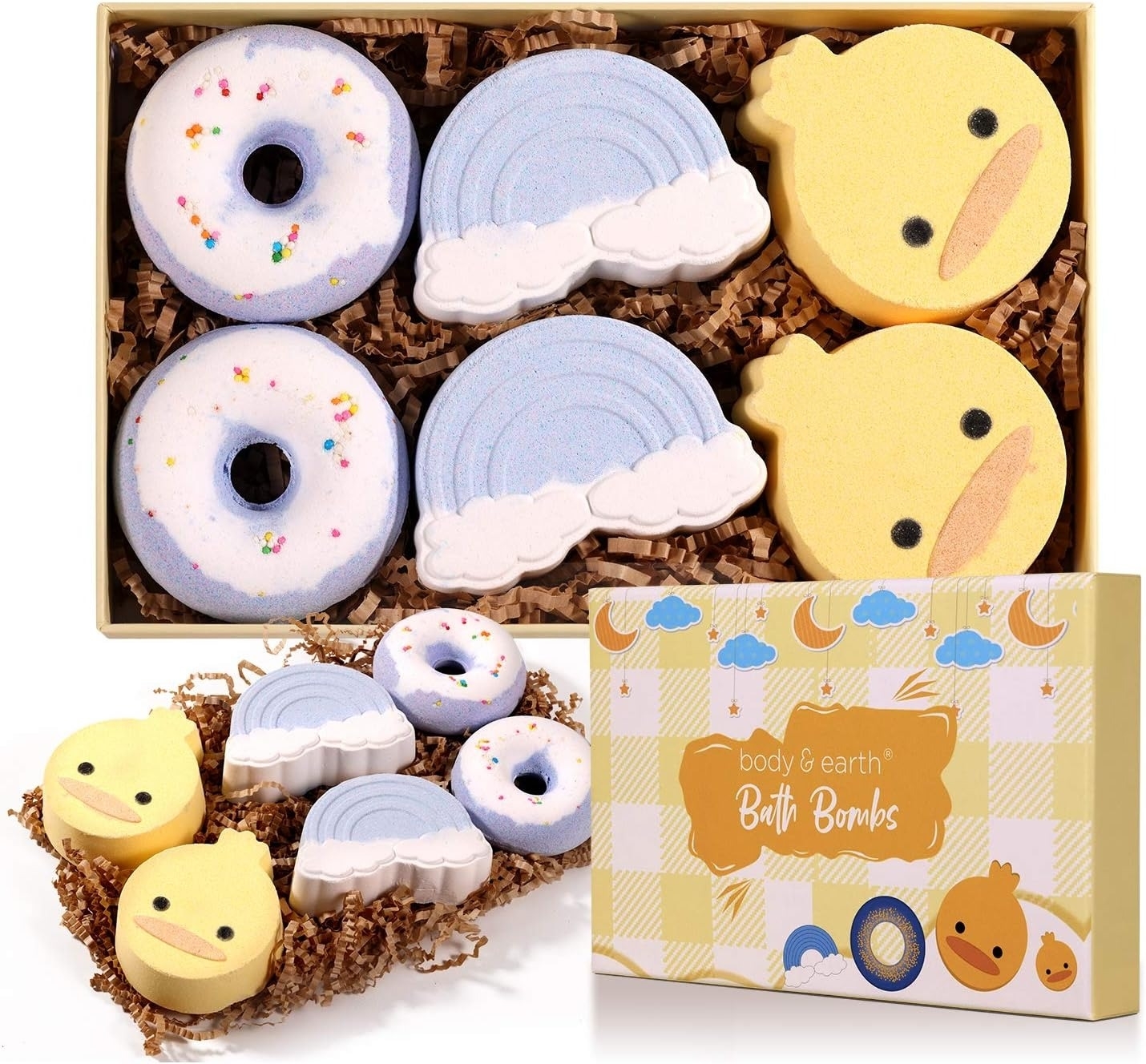 duck, cloud, and donut-shaped bath bombs