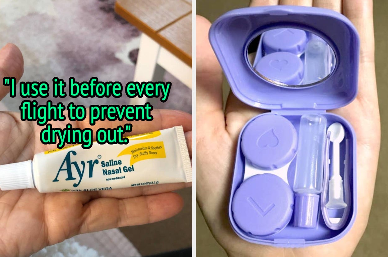 L: a reviewer holding a tube of saline nasal gel and a quote reading "I use it before every flight to prevent drying out.", R: a reviewer holding a travel contact lens kit  