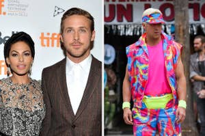 Eva Mendes and Ryan Gosling together at a red carpet event next to Gosling as Ken in the Barbie movie